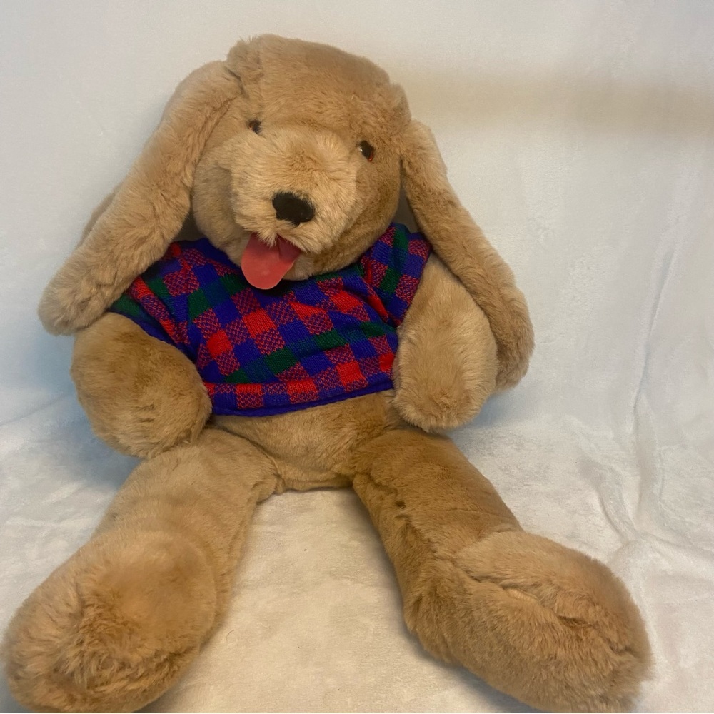 VINTAGE COMMONWEALTH 1990 TAN PUPPY DOG PLAID SWEATER PLUSH 26” LONG FLOPPY EAR